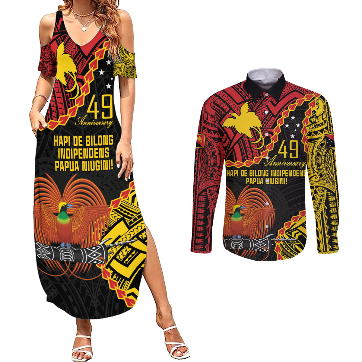 Personalised Papua New Guinea 49th Anniversary Couples Matching Summer Maxi Dress and Long Sleeve Button Shirt Hapi De bilong Indipendens Papua Niugini