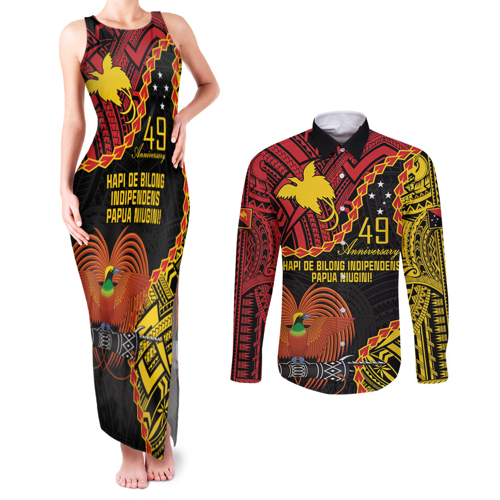 Personalised Papua New Guinea 49th Anniversary Couples Matching Tank Maxi Dress and Long Sleeve Button Shirt Hapi De bilong Indipendens Papua Niugini