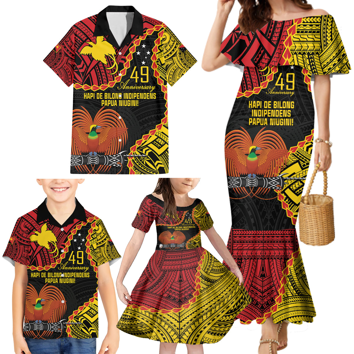 Personalised Papua New Guinea 49th Anniversary Family Matching Mermaid Dress and Hawaiian Shirt Hapi De bilong Indipendens Papua Niugini
