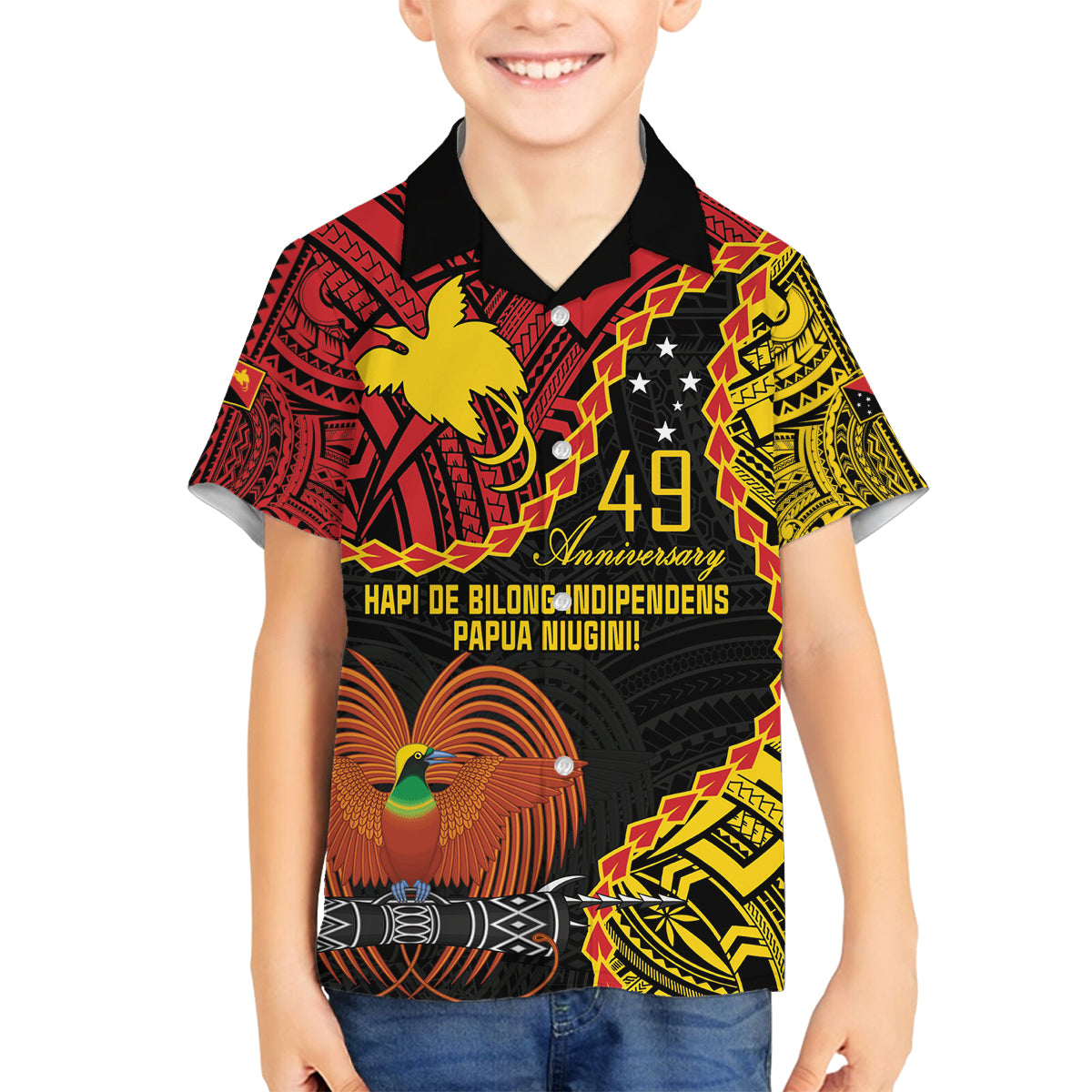 Personalised Papua New Guinea 49th Anniversary Family Matching Off Shoulder Short Dress and Hawaiian Shirt Hapi De bilong Indipendens Papua Niugini