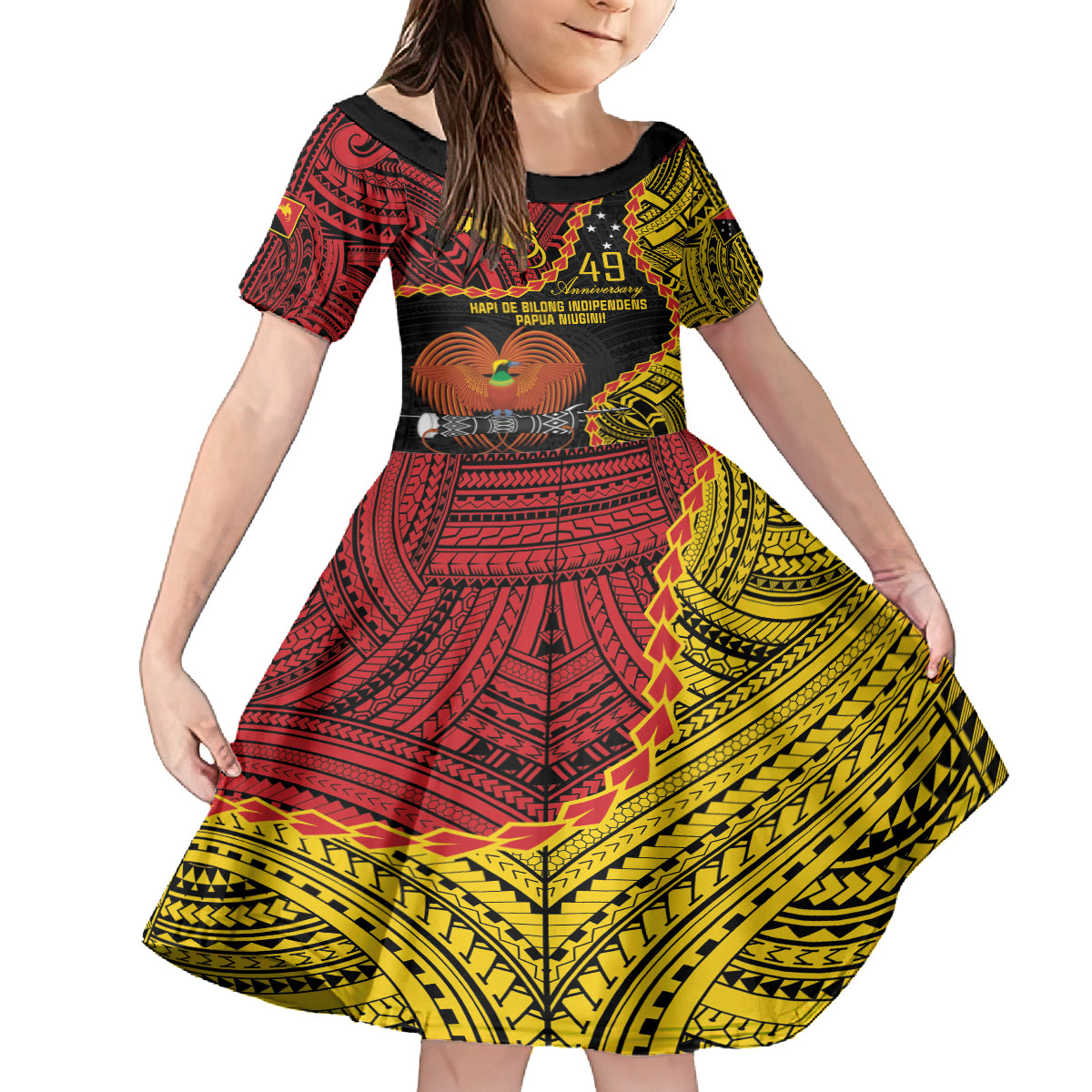 Personalised Papua New Guinea 49th Anniversary Family Matching Puletasi and Hawaiian Shirt Hapi De bilong Indipendens Papua Niugini LT9 Daughter's Dress Black - Polynesian Pride