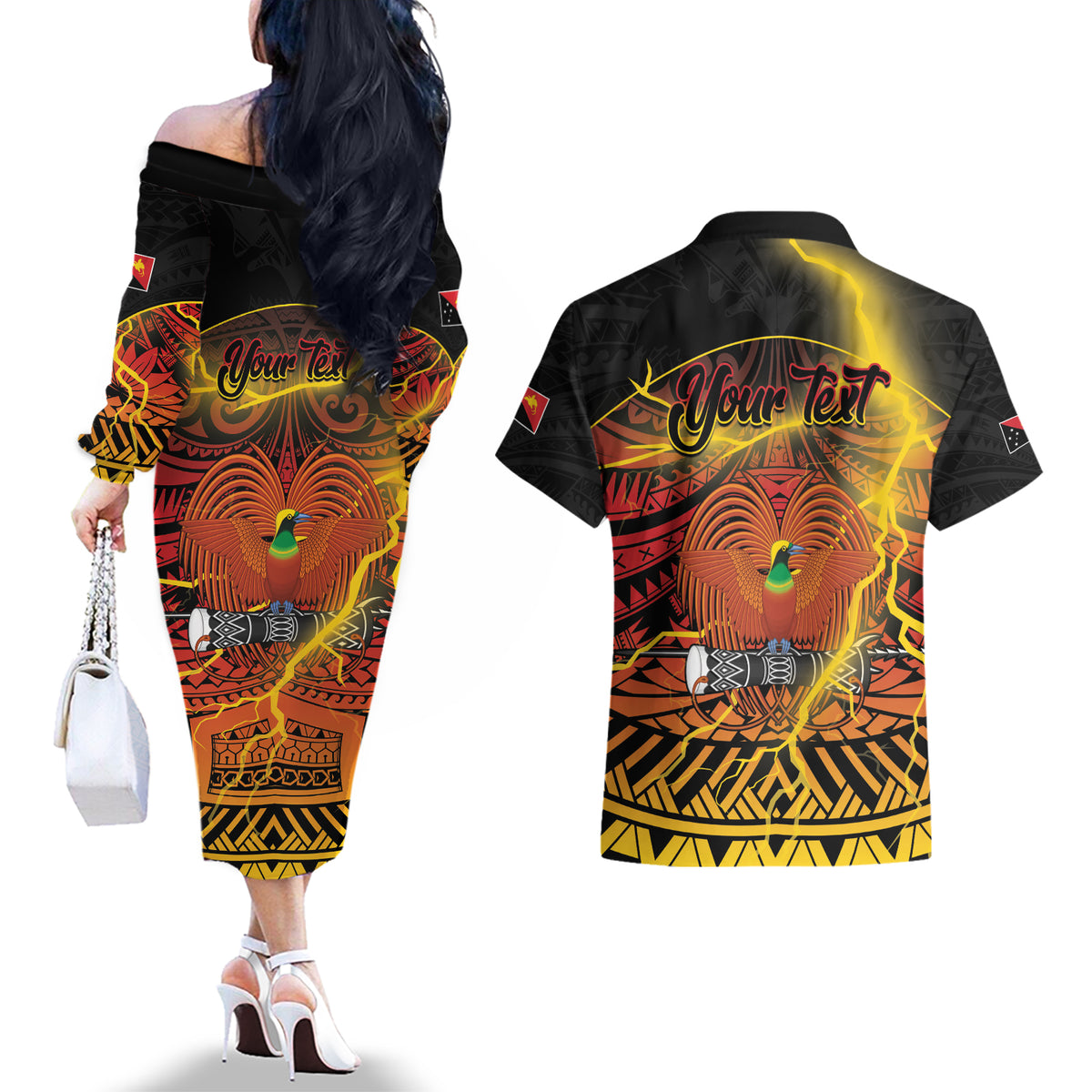 Personalised Papua New Guinea 49th Anniversary Couples Matching Off The Shoulder Long Sleeve Dress and Hawaiian Shirt Bird of Paradise Unity In Diversity