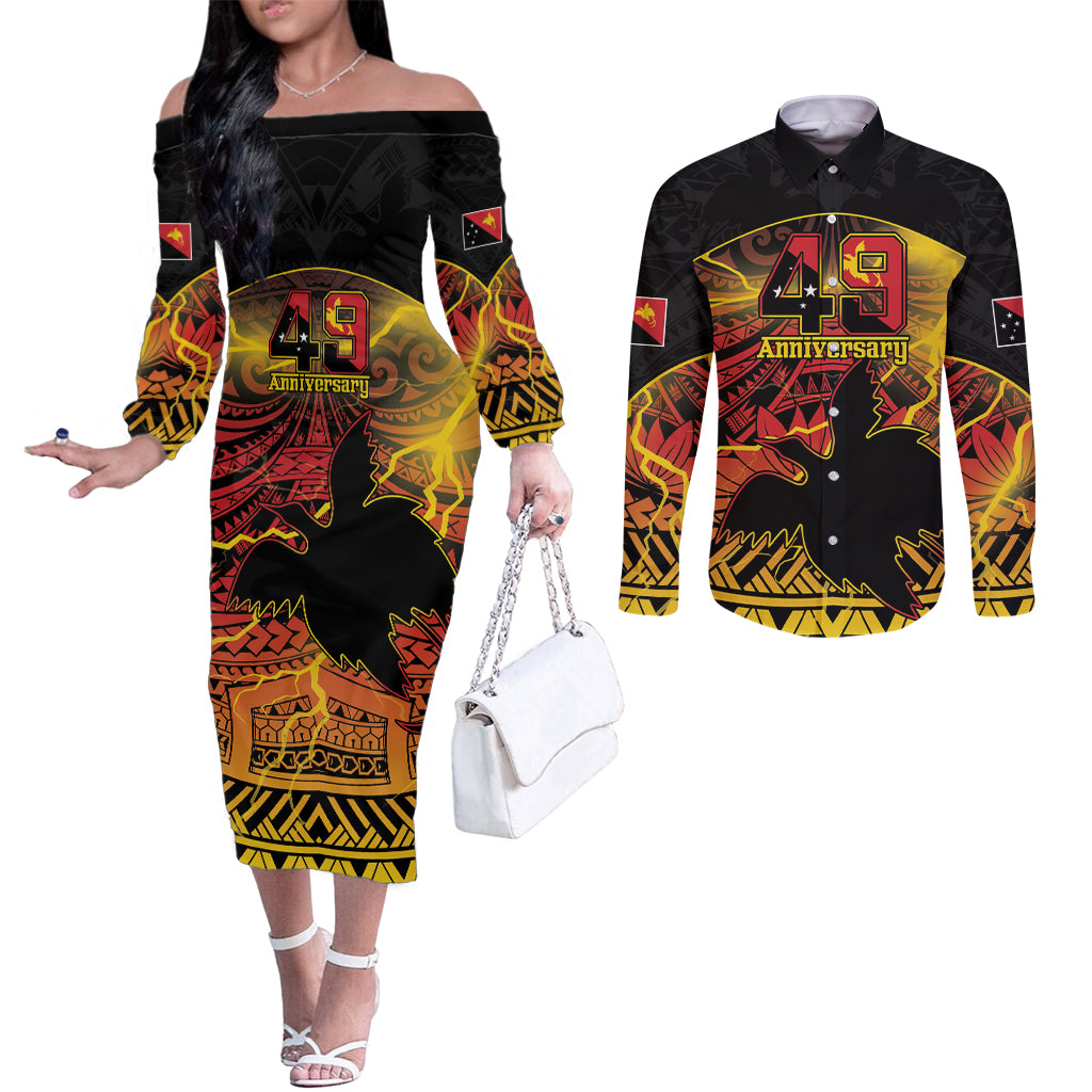 Personalised Papua New Guinea 49th Anniversary Couples Matching Off The Shoulder Long Sleeve Dress and Long Sleeve Button Shirt Bird of Paradise Unity In Diversity