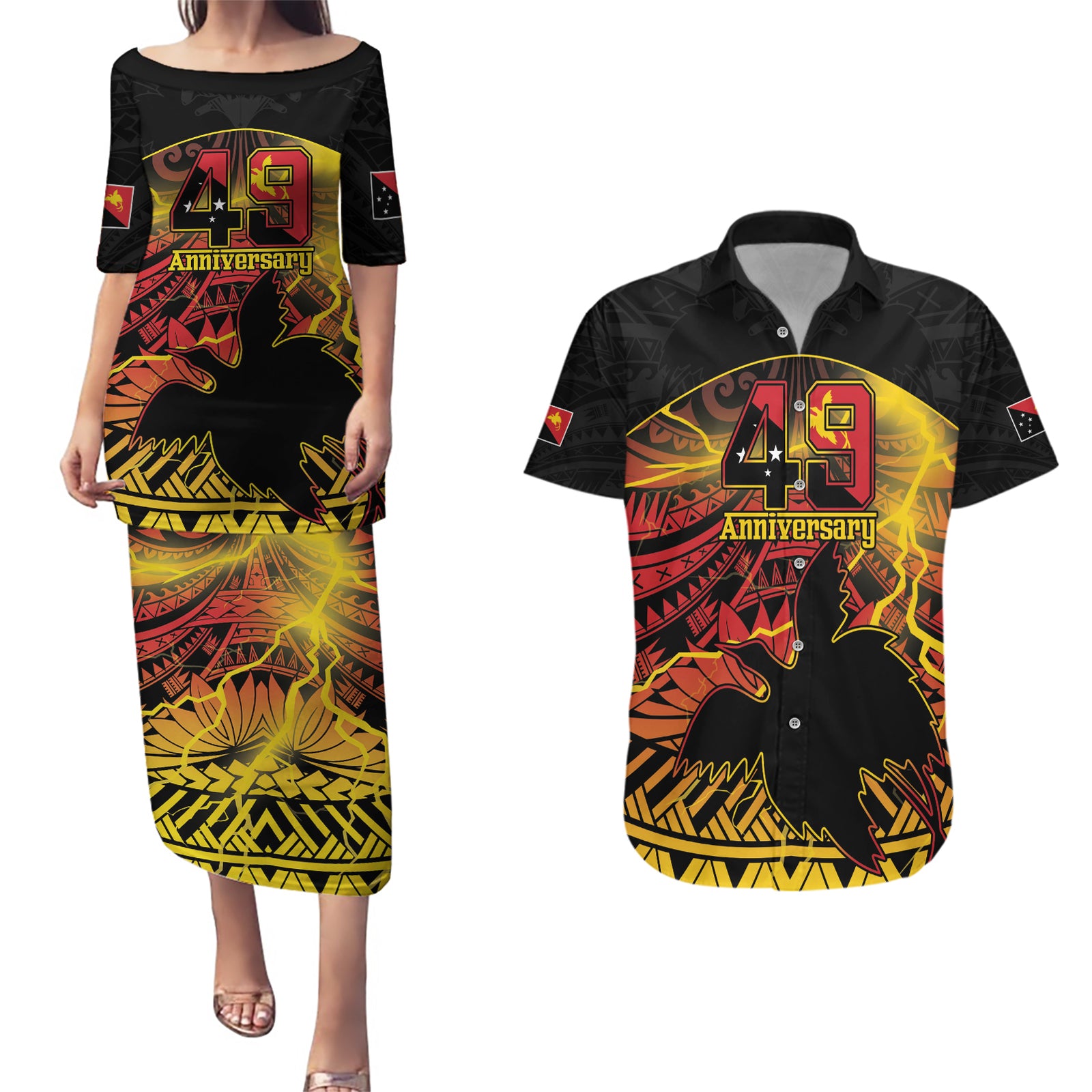Personalised Papua New Guinea 49th Anniversary Couples Matching Puletasi and Hawaiian Shirt Bird of Paradise Unity In Diversity