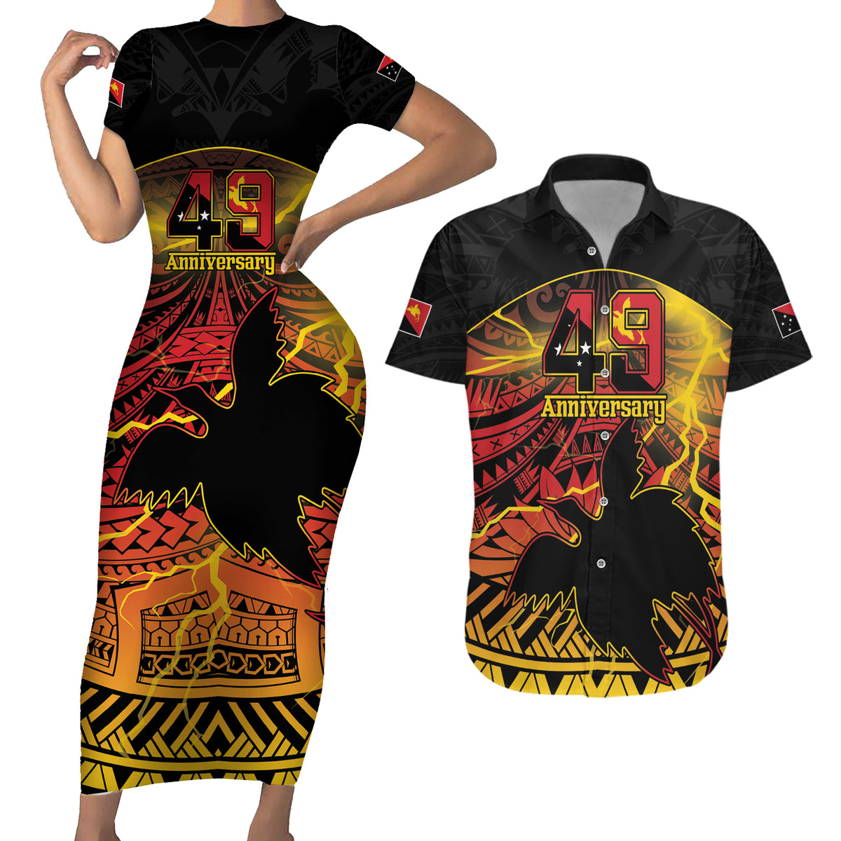Personalised Papua New Guinea 49th Anniversary Couples Matching Short Sleeve Bodycon Dress and Hawaiian Shirt Bird of Paradise Unity In Diversity LT9 Black - Polynesian Pride