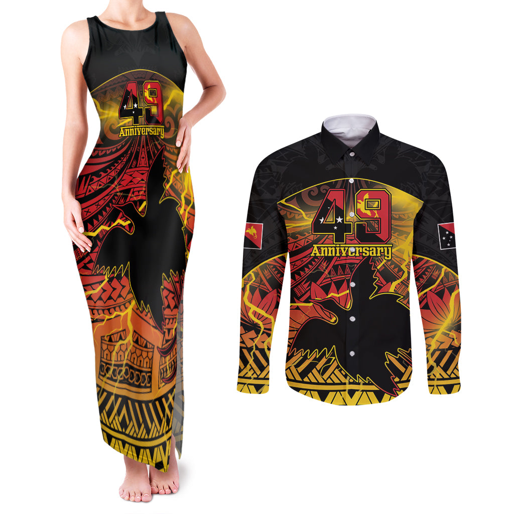 Personalised Papua New Guinea 49th Anniversary Couples Matching Tank Maxi Dress and Long Sleeve Button Shirt Bird of Paradise Unity In Diversity