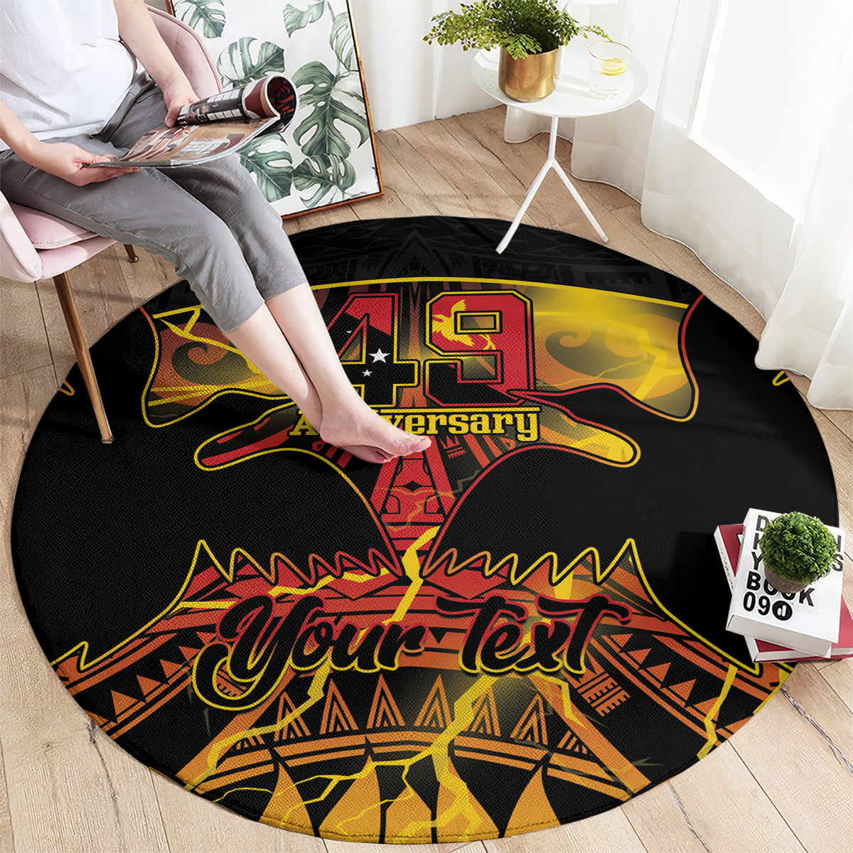 Personalised Papua New Guinea 49th Anniversary Round Carpet Bird of Paradise Unity In Diversity