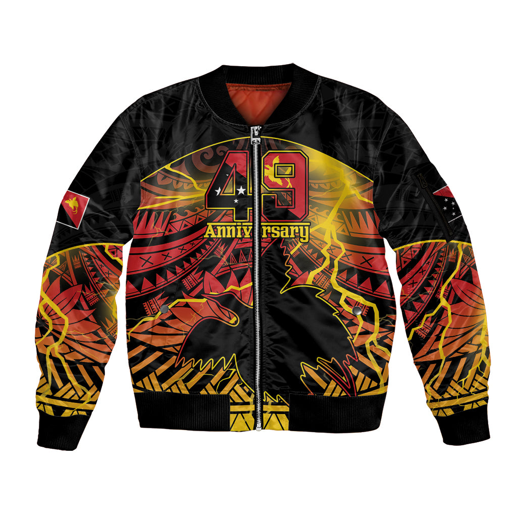 Personalised Papua New Guinea 49th Anniversary Sleeve Zip Bomber Jacket Bird of Paradise Unity In Diversity