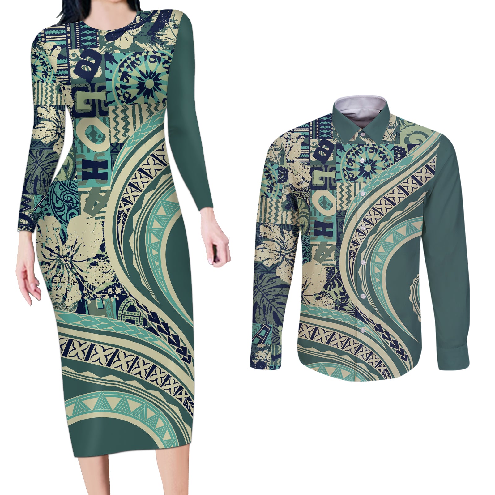 Hawaiian Hibiscus Tribal Vintage Motif Couples Matching Long Sleeve Bodycon Dress and Long Sleeve Button Shirt Ver 1