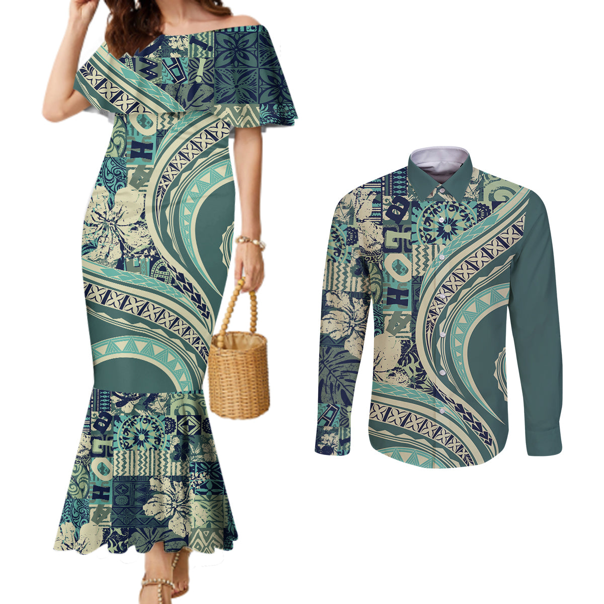 Hawaiian Hibiscus Tribal Vintage Motif Couples Matching Mermaid Dress and Long Sleeve Button Shirt Ver 1
