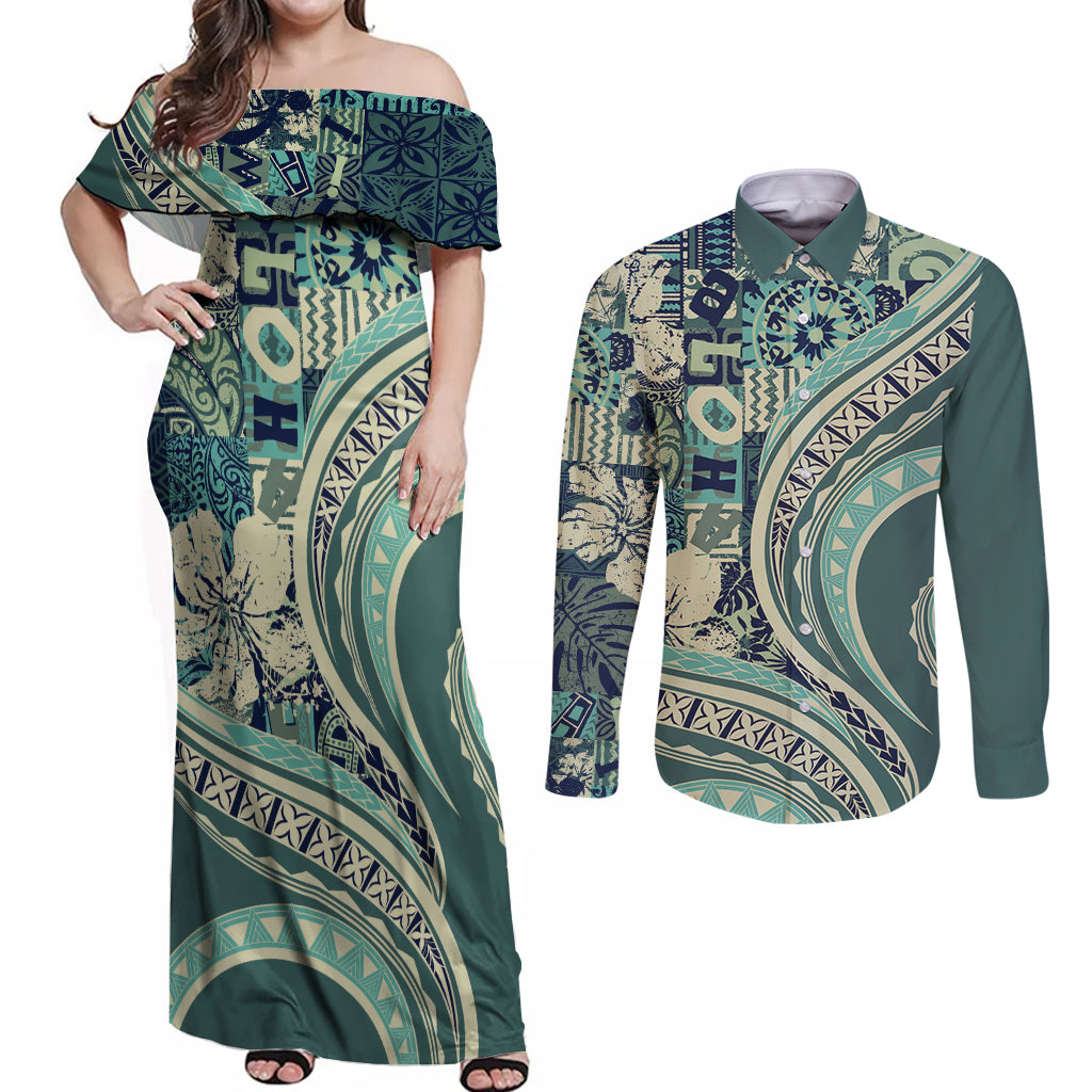 Hawaiian Hibiscus Tribal Vintage Motif Couples Matching Off Shoulder Maxi Dress and Long Sleeve Button Shirt Ver 1