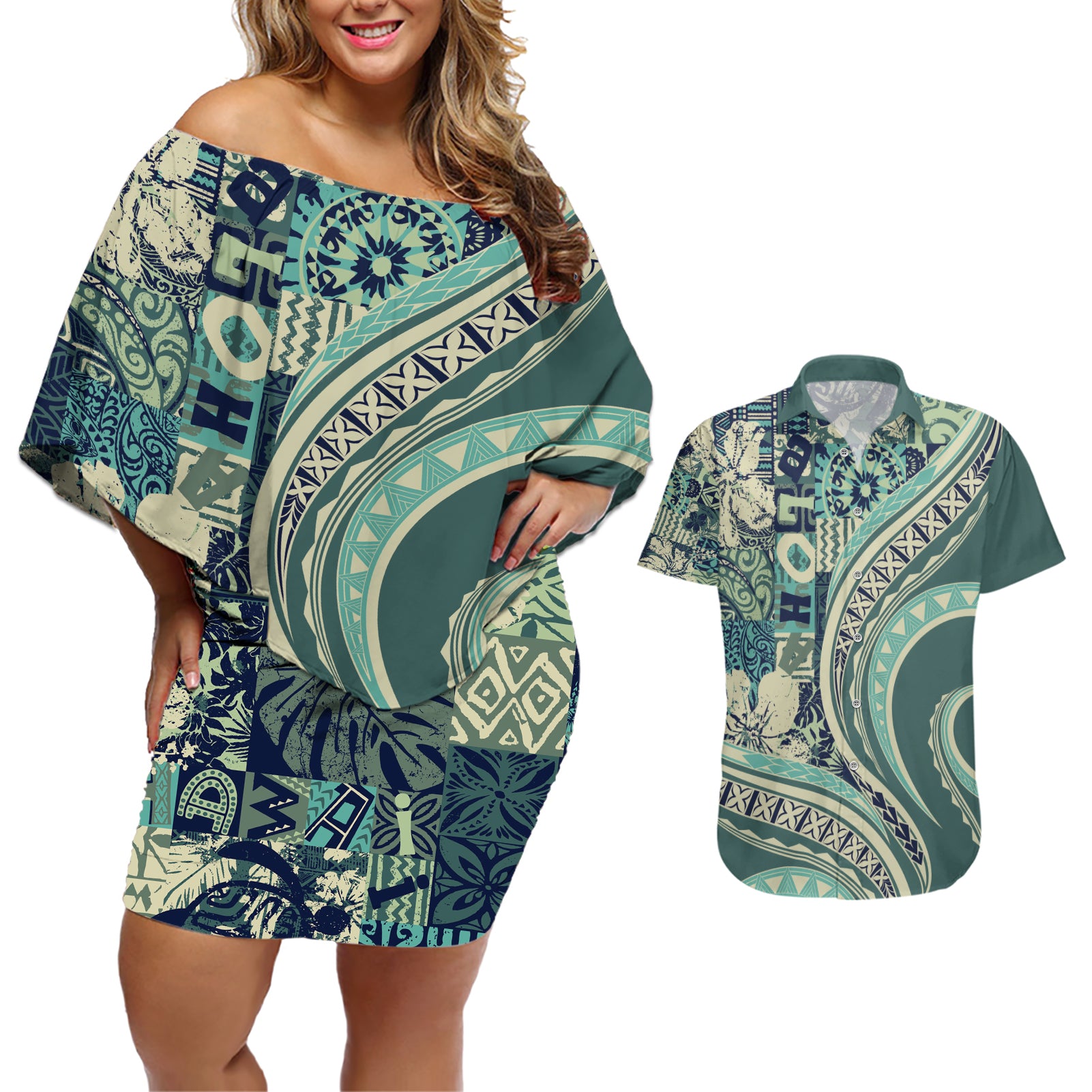 Hawaiian Hibiscus Tribal Vintage Motif Couples Matching Off Shoulder Short Dress and Hawaiian Shirt Ver 1