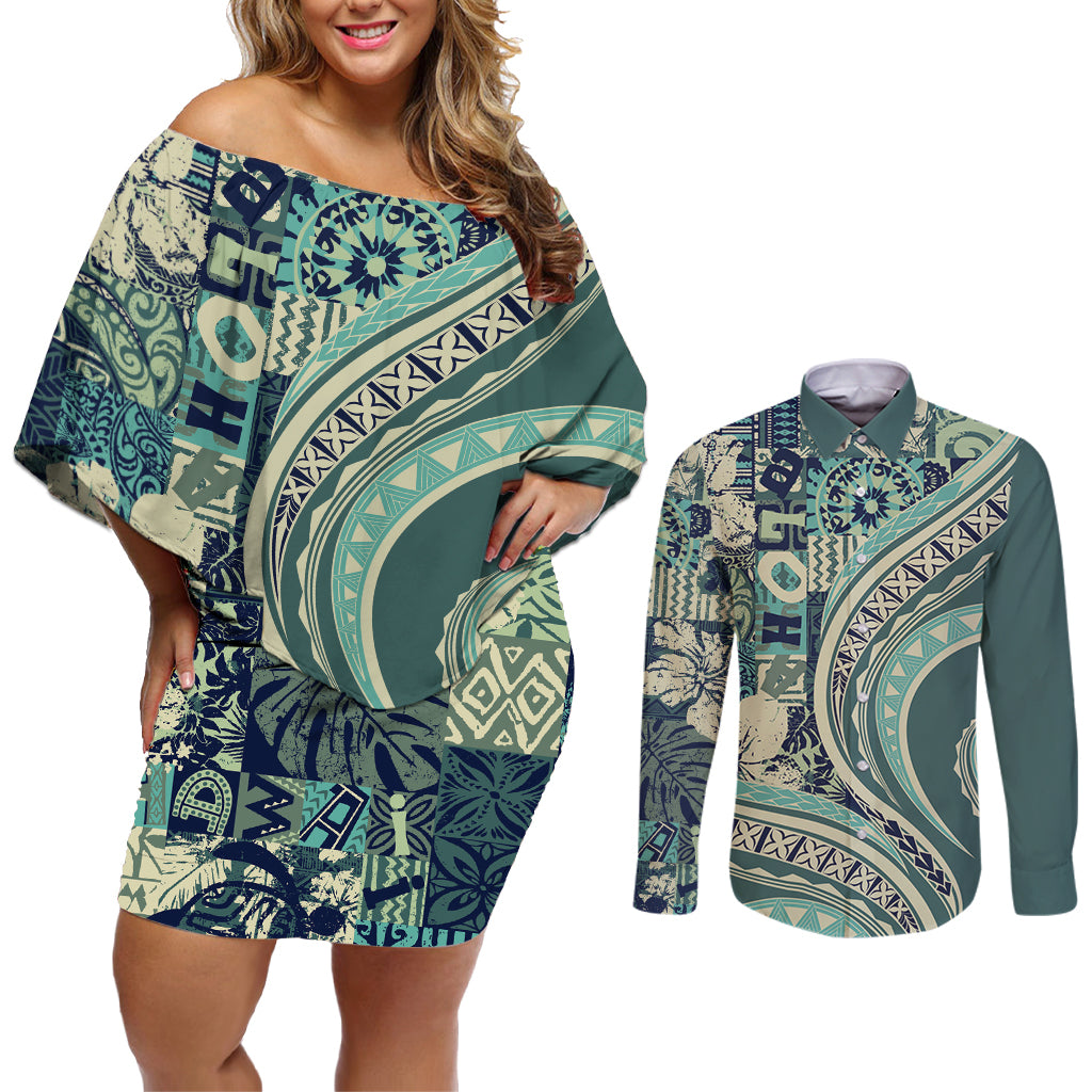 Hawaiian Hibiscus Tribal Vintage Motif Couples Matching Off Shoulder Short Dress and Long Sleeve Button Shirt Ver 1