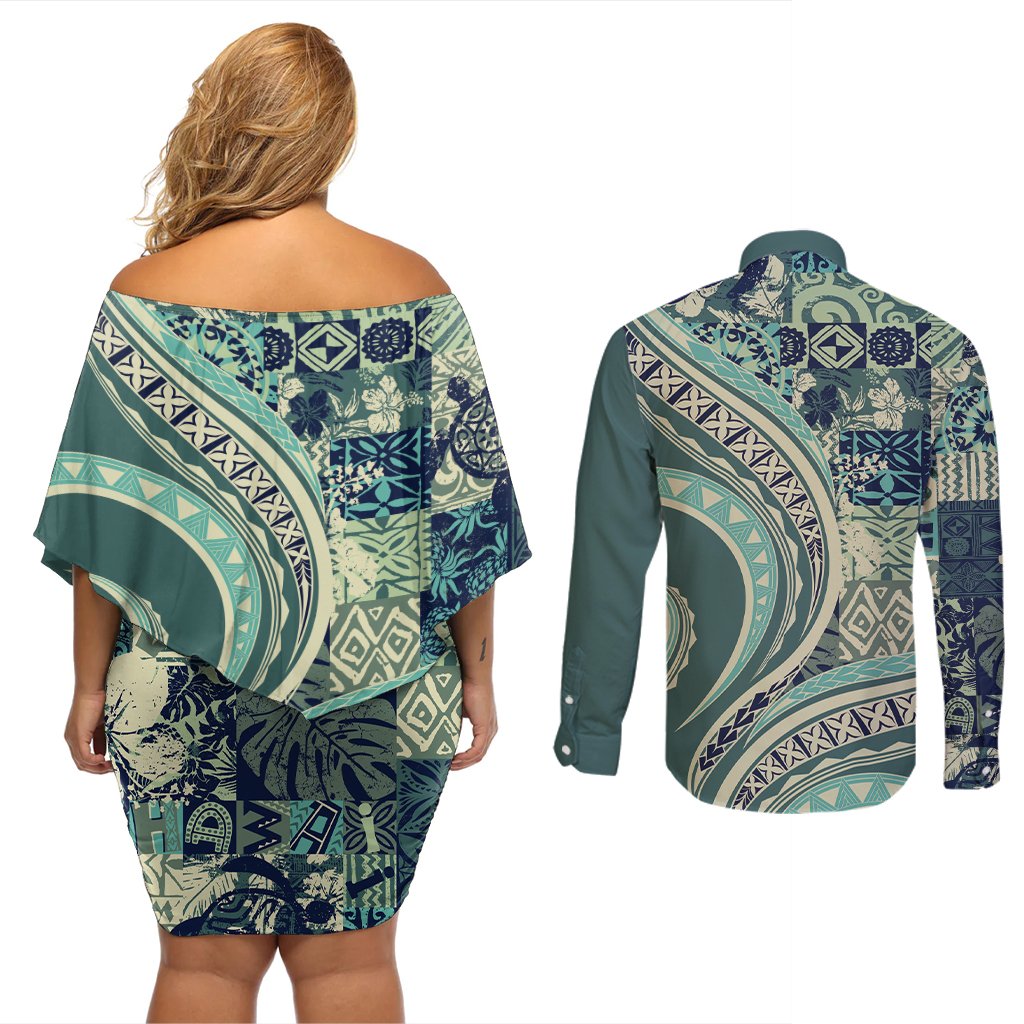 Hawaiian Hibiscus Tribal Vintage Motif Couples Matching Off Shoulder Short Dress and Long Sleeve Button Shirt Ver 1 LT9 - Polynesian Pride