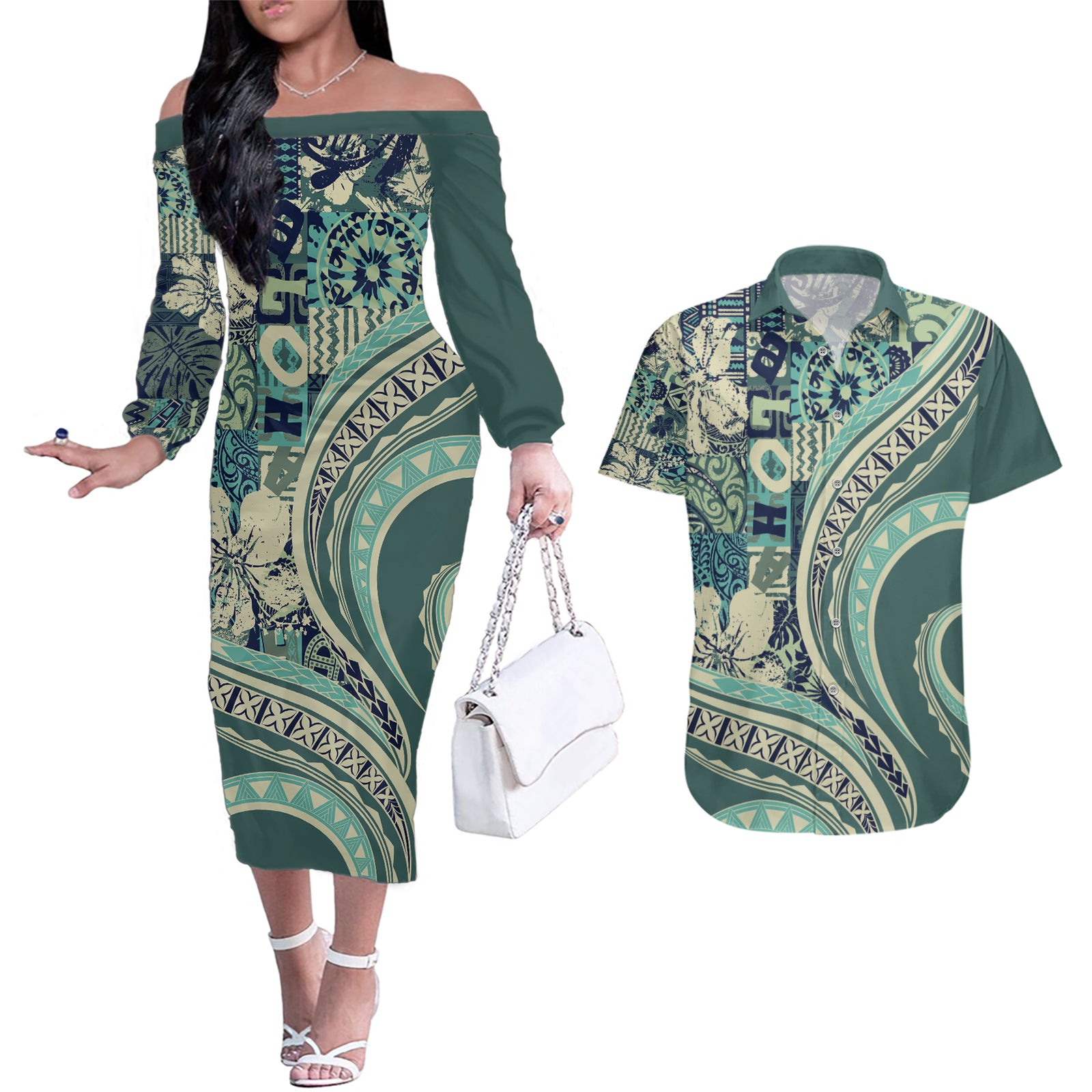 Hawaiian Hibiscus Tribal Vintage Motif Couples Matching Off The Shoulder Long Sleeve Dress and Hawaiian Shirt Ver 1