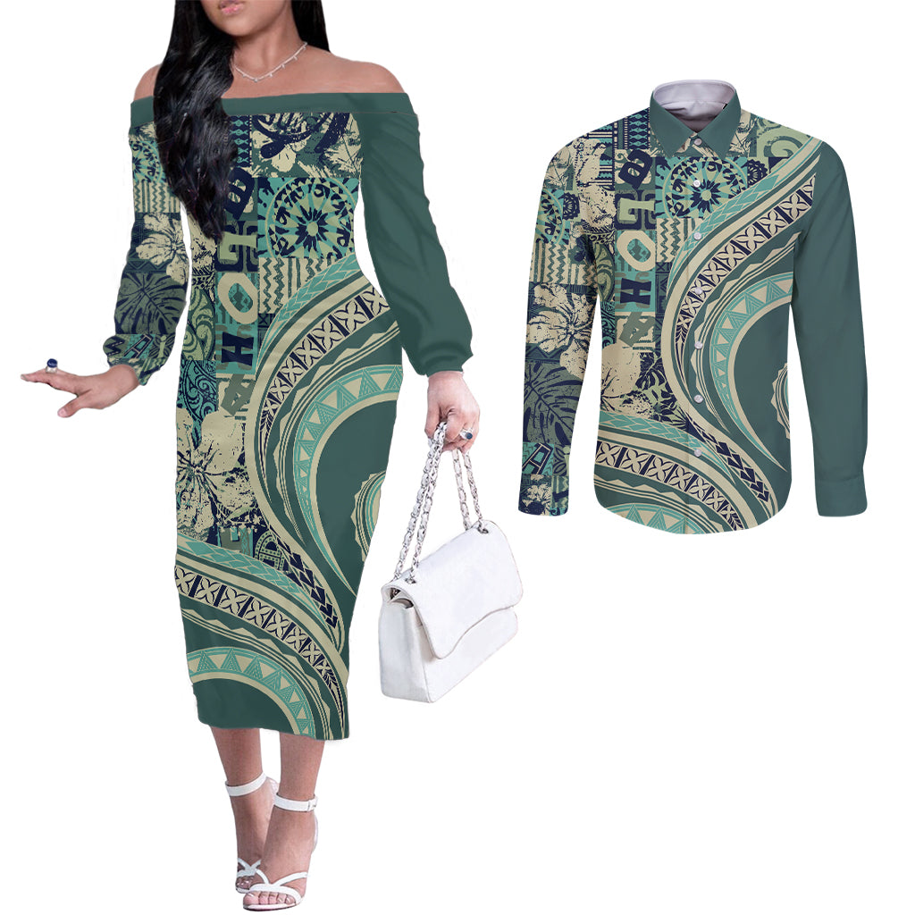 Hawaiian Hibiscus Tribal Vintage Motif Couples Matching Off The Shoulder Long Sleeve Dress and Long Sleeve Button Shirt Ver 1