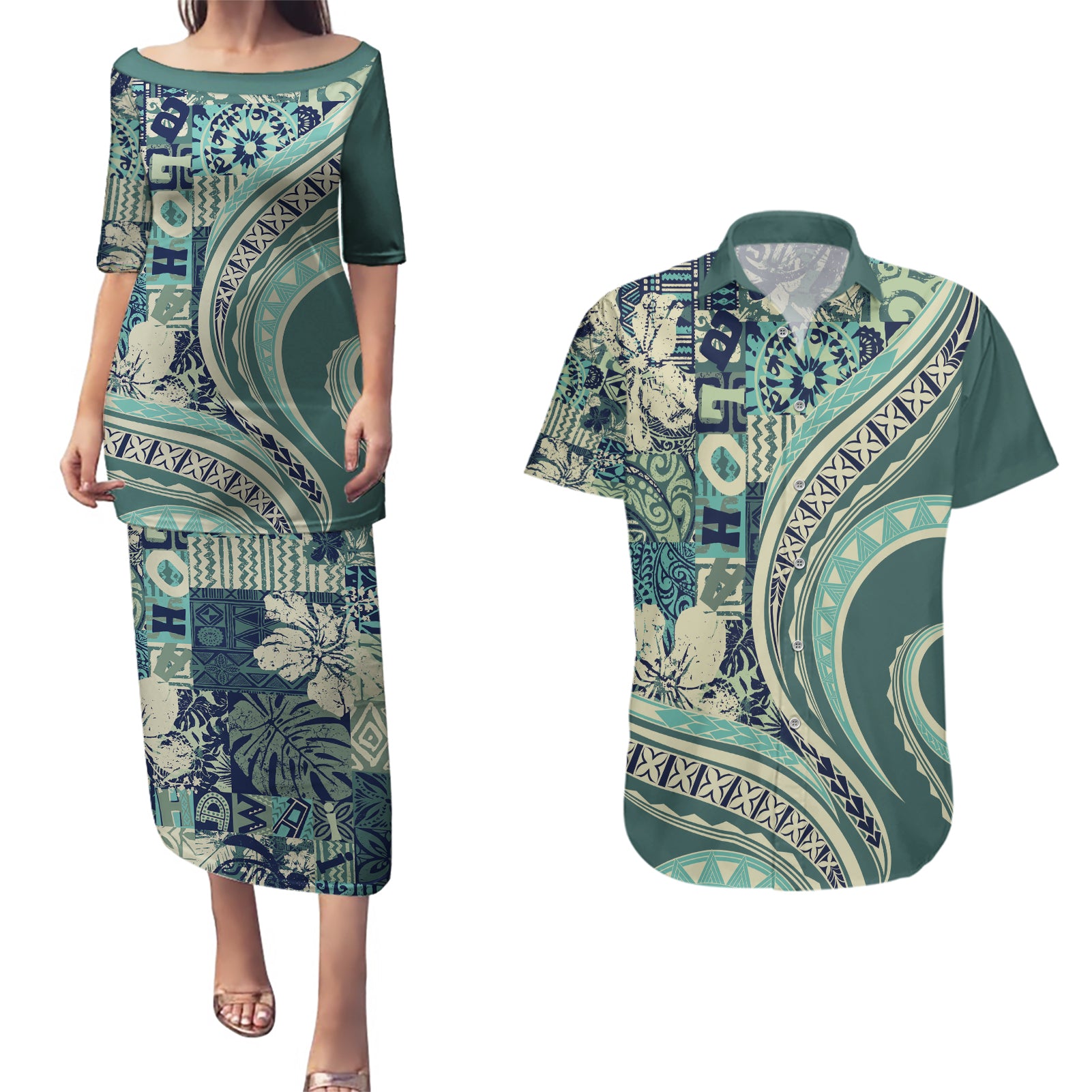 Hawaiian Hibiscus Tribal Vintage Motif Couples Matching Puletasi and Hawaiian Shirt Ver 1