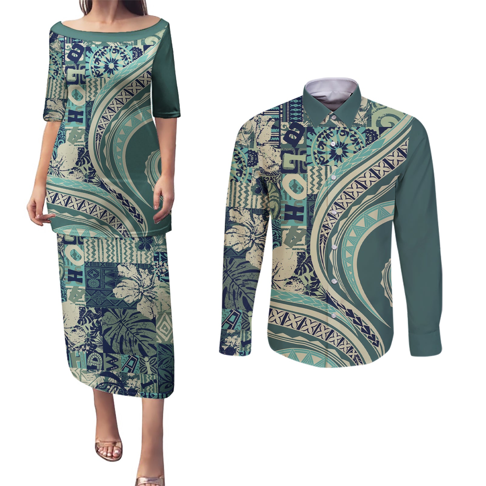 Hawaiian Hibiscus Tribal Vintage Motif Couples Matching Puletasi and Long Sleeve Button Shirt Ver 1