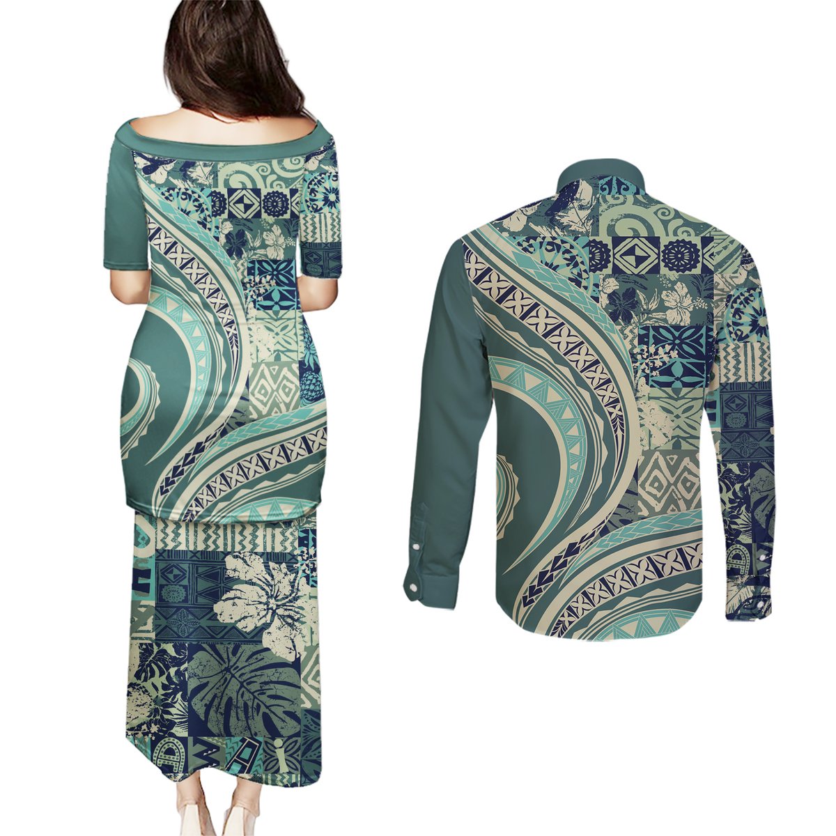 Hawaiian Hibiscus Tribal Vintage Motif Couples Matching Puletasi and Long Sleeve Button Shirt Ver 1