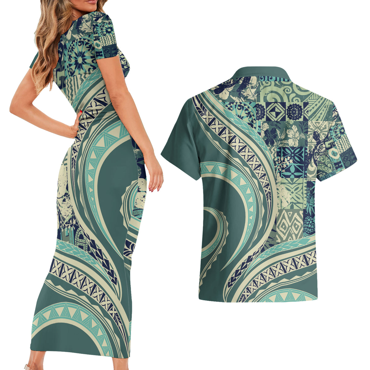 Hawaiian Hibiscus Tribal Vintage Motif Couples Matching Short Sleeve Bodycon Dress and Hawaiian Shirt Ver 1 LT9 - Polynesian Pride