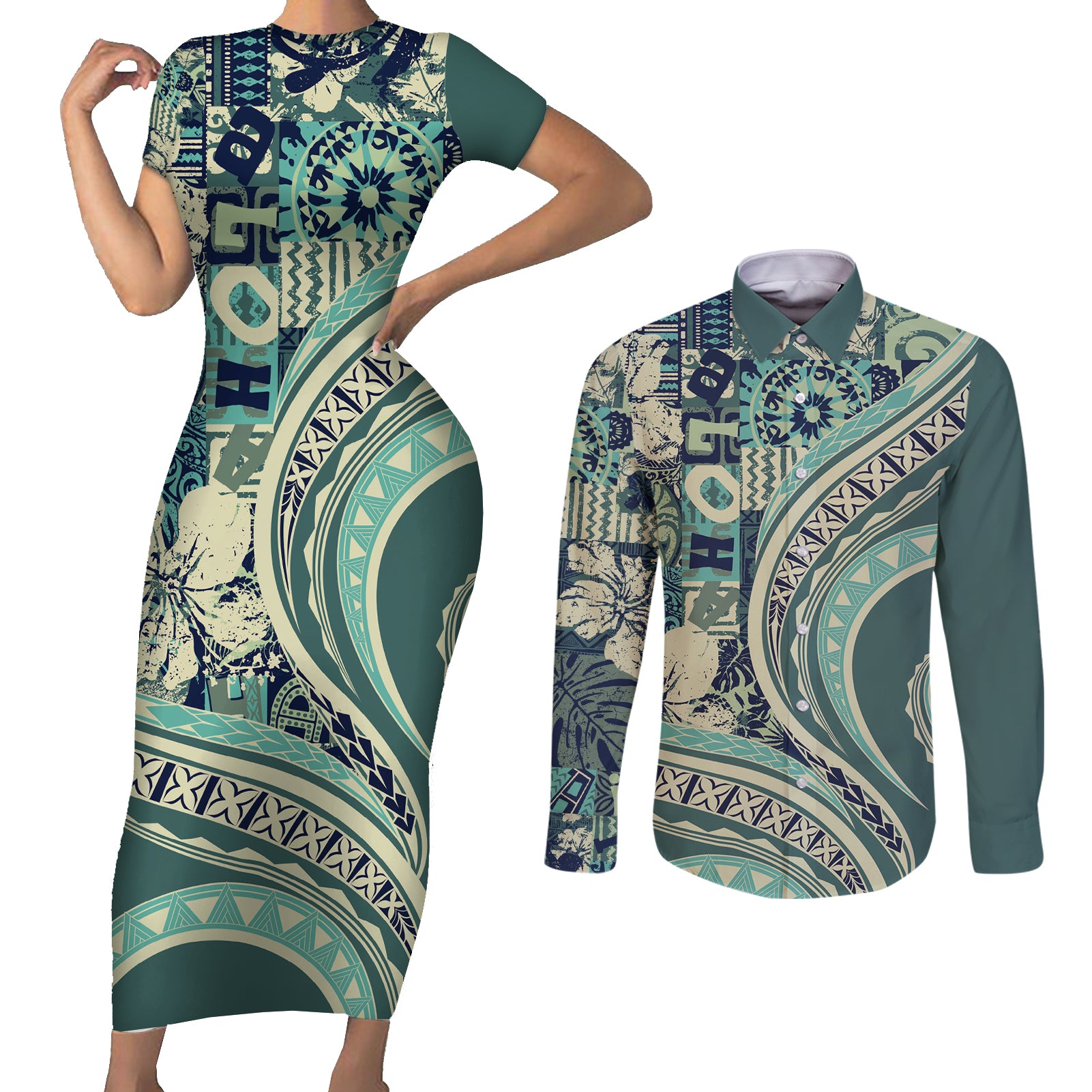 Hawaiian Hibiscus Tribal Vintage Motif Couples Matching Short Sleeve Bodycon Dress and Long Sleeve Button Shirt Ver 1