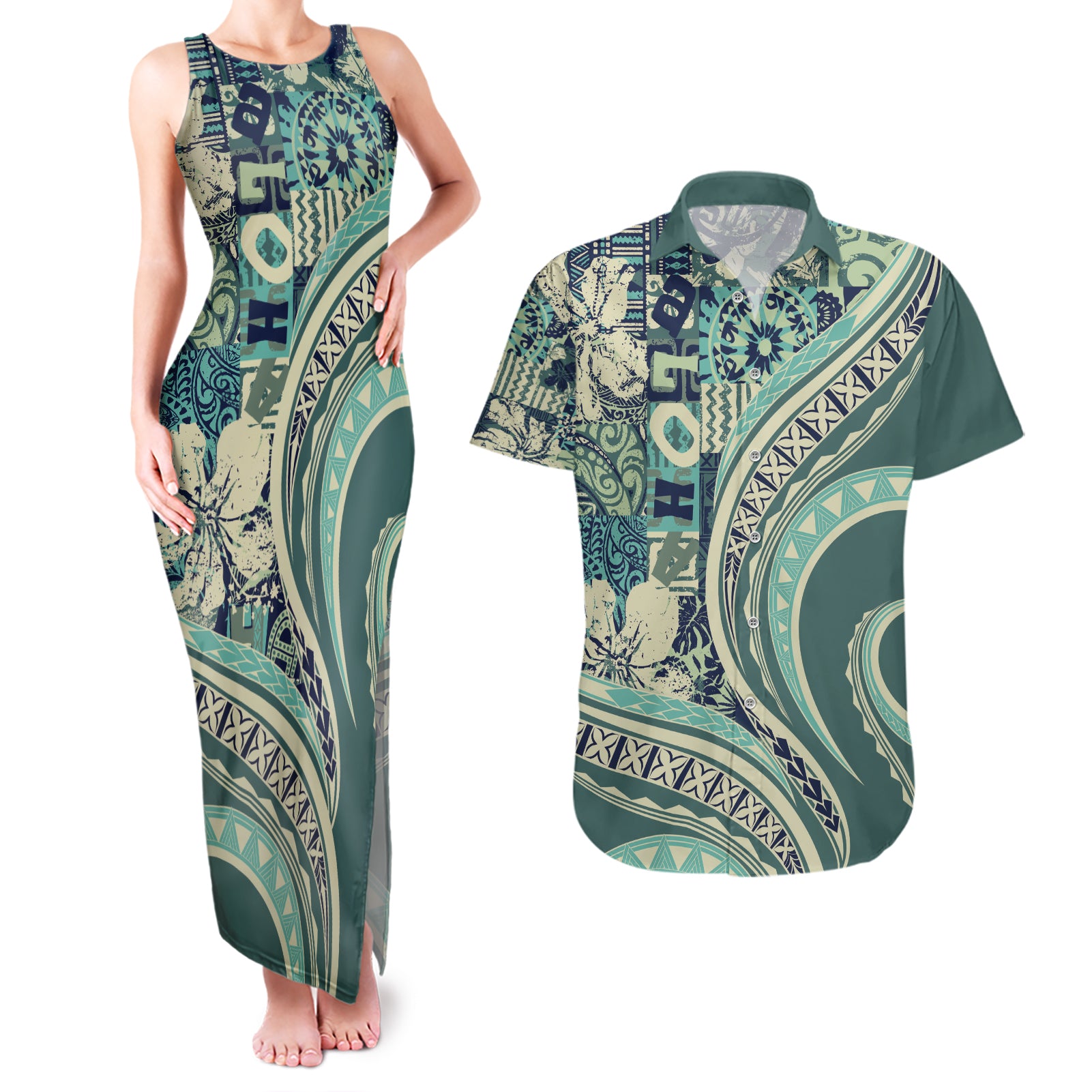 Hawaiian Hibiscus Tribal Vintage Motif Couples Matching Tank Maxi Dress and Hawaiian Shirt Ver 1