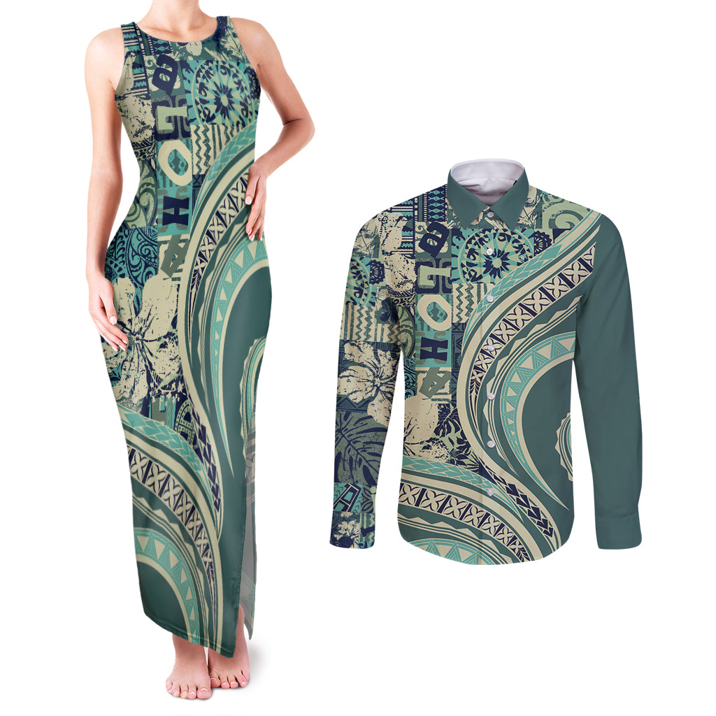 Hawaiian Hibiscus Tribal Vintage Motif Couples Matching Tank Maxi Dress and Long Sleeve Button Shirt Ver 1