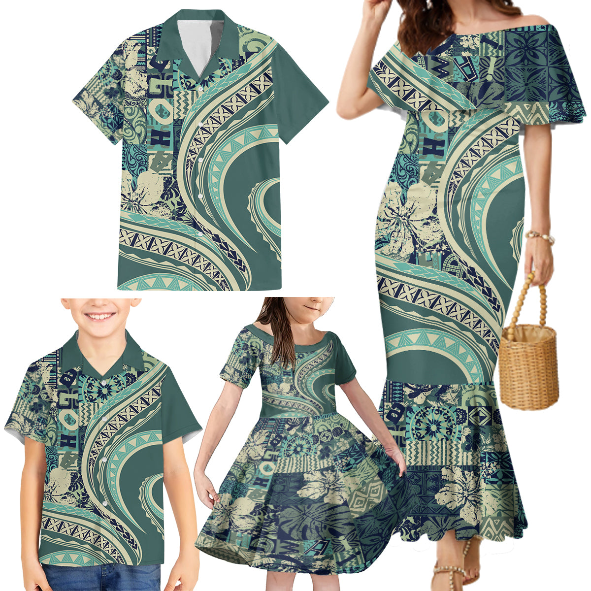 Hawaiian Hibiscus Tribal Vintage Motif Family Matching Mermaid Dress and Hawaiian Shirt Ver 1