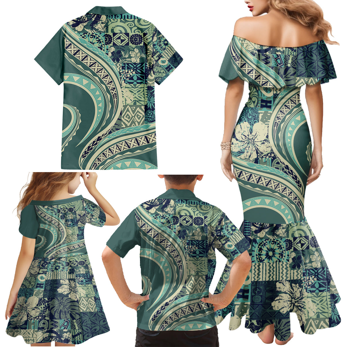 Hawaiian Hibiscus Tribal Vintage Motif Family Matching Mermaid Dress and Hawaiian Shirt Ver 1