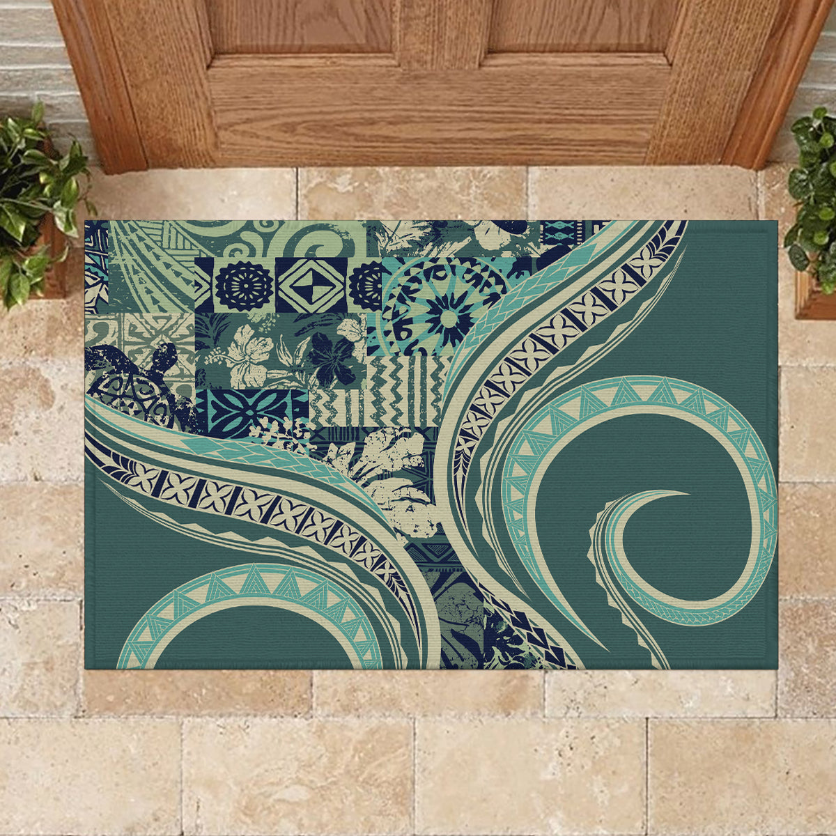 Hawaiian Hibiscus Tribal Vintage Motif Rubber Doormat Ver 1