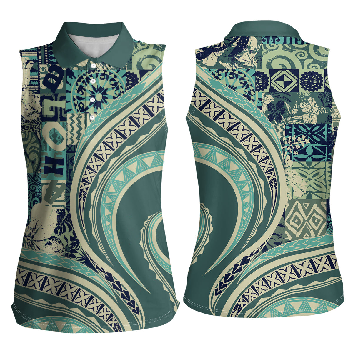 Hawaiian Hibiscus Tribal Vintage Motif Women Sleeveless Polo Shirt Ver 1