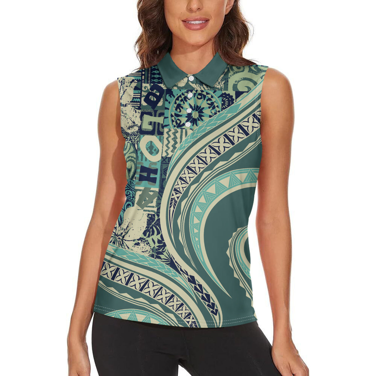Hawaiian Hibiscus Tribal Vintage Motif Women Sleeveless Polo Shirt Ver 1
