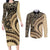 Hawaiian Hibiscus Tribal Vintage Motif Couples Matching Long Sleeve Bodycon Dress and Long Sleeve Button Shirt Ver 2