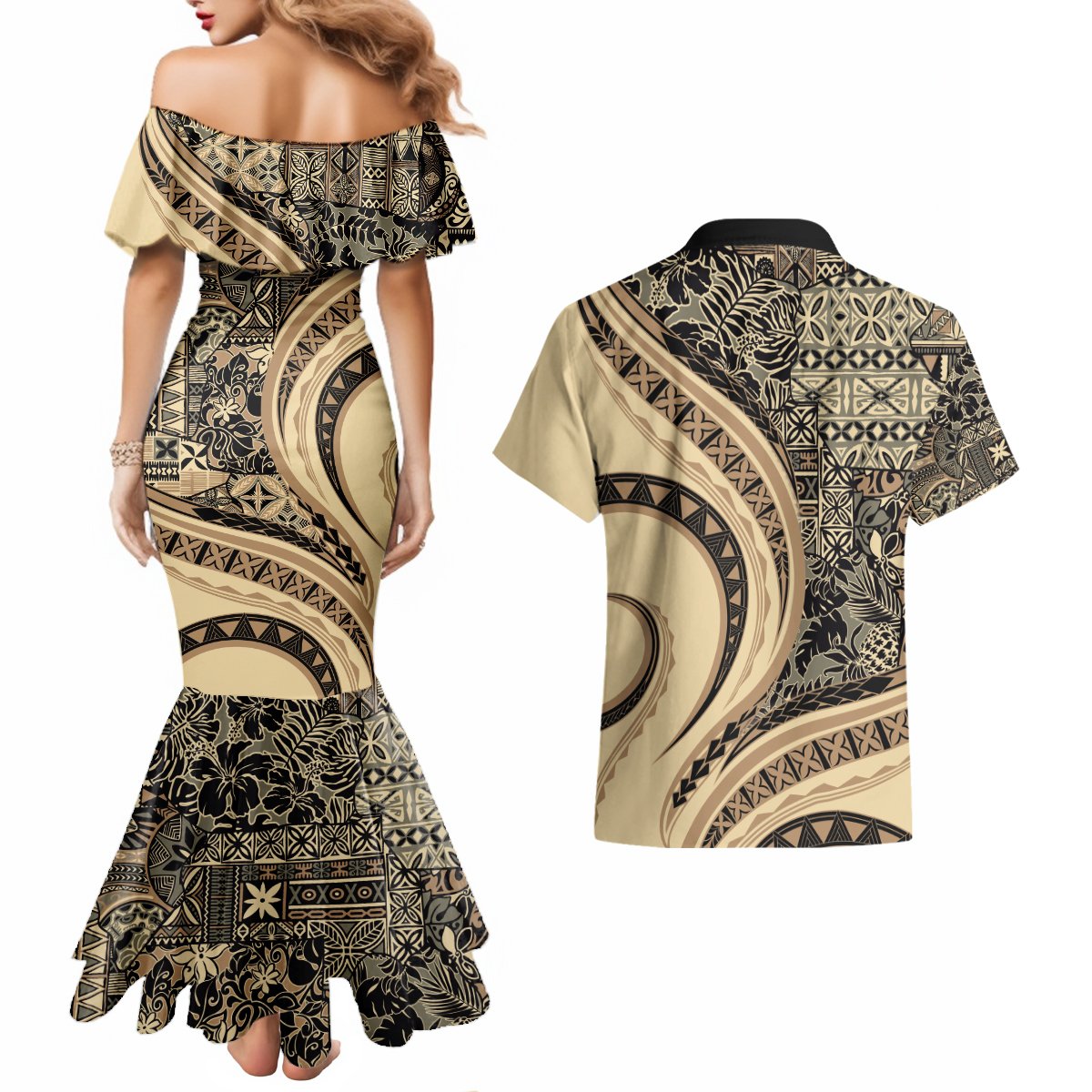 Hawaiian Hibiscus Tribal Vintage Motif Couples Matching Mermaid Dress and Hawaiian Shirt Ver 2 LT9 - Polynesian Pride