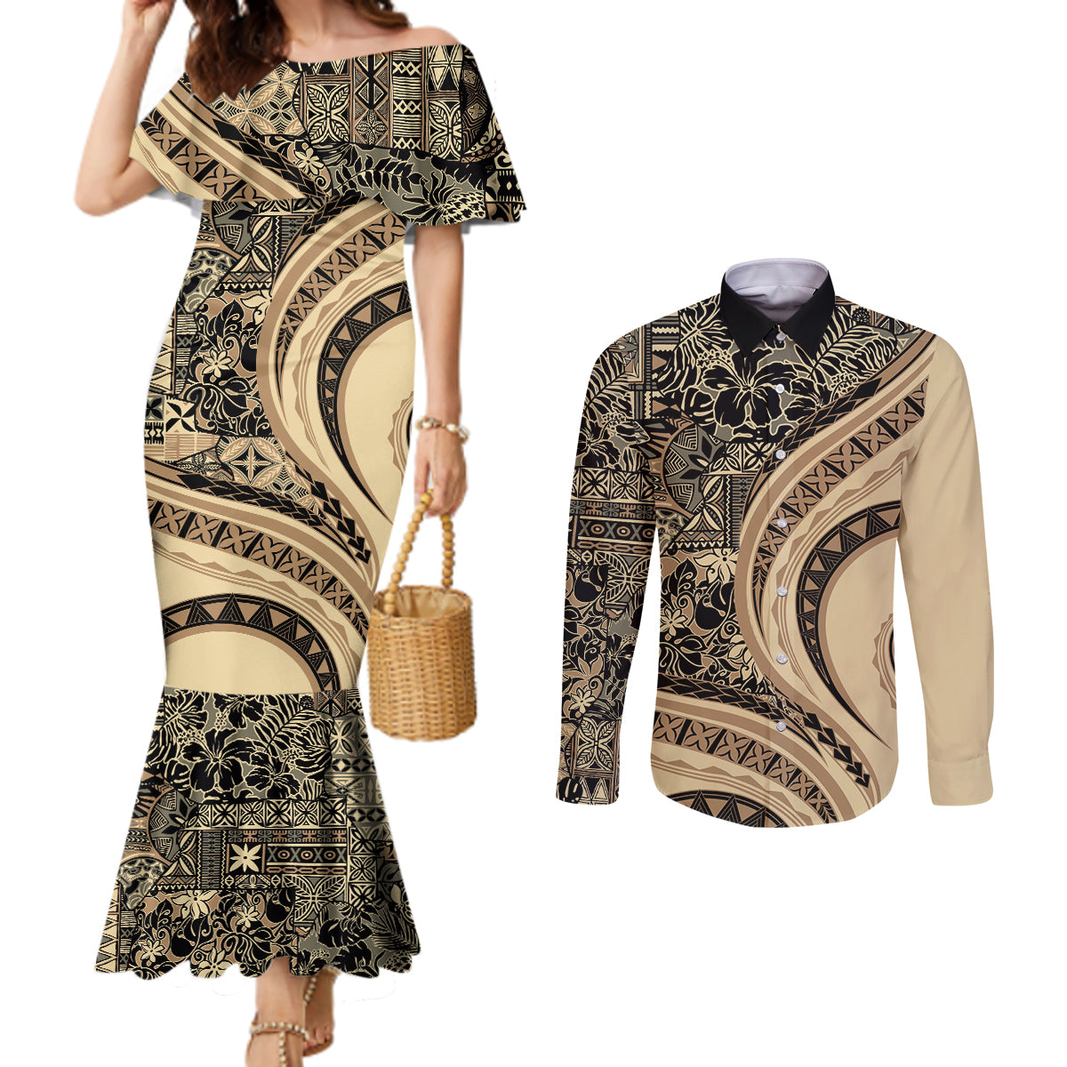 Hawaiian Hibiscus Tribal Vintage Motif Couples Matching Mermaid Dress and Long Sleeve Button Shirt Ver 2