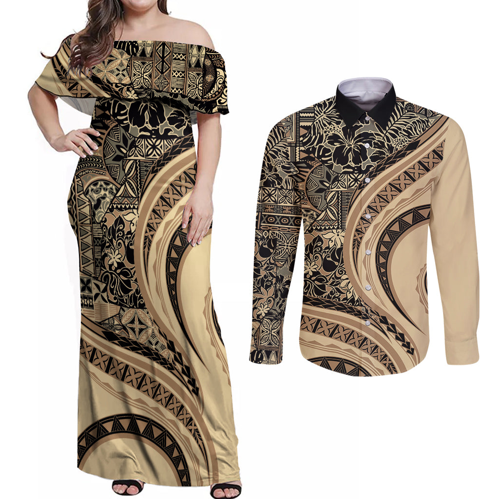 Hawaiian Hibiscus Tribal Vintage Motif Couples Matching Off Shoulder Maxi Dress and Long Sleeve Button Shirt Ver 2