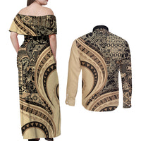 Hawaiian Hibiscus Tribal Vintage Motif Couples Matching Off Shoulder Maxi Dress and Long Sleeve Button Shirt Ver 2