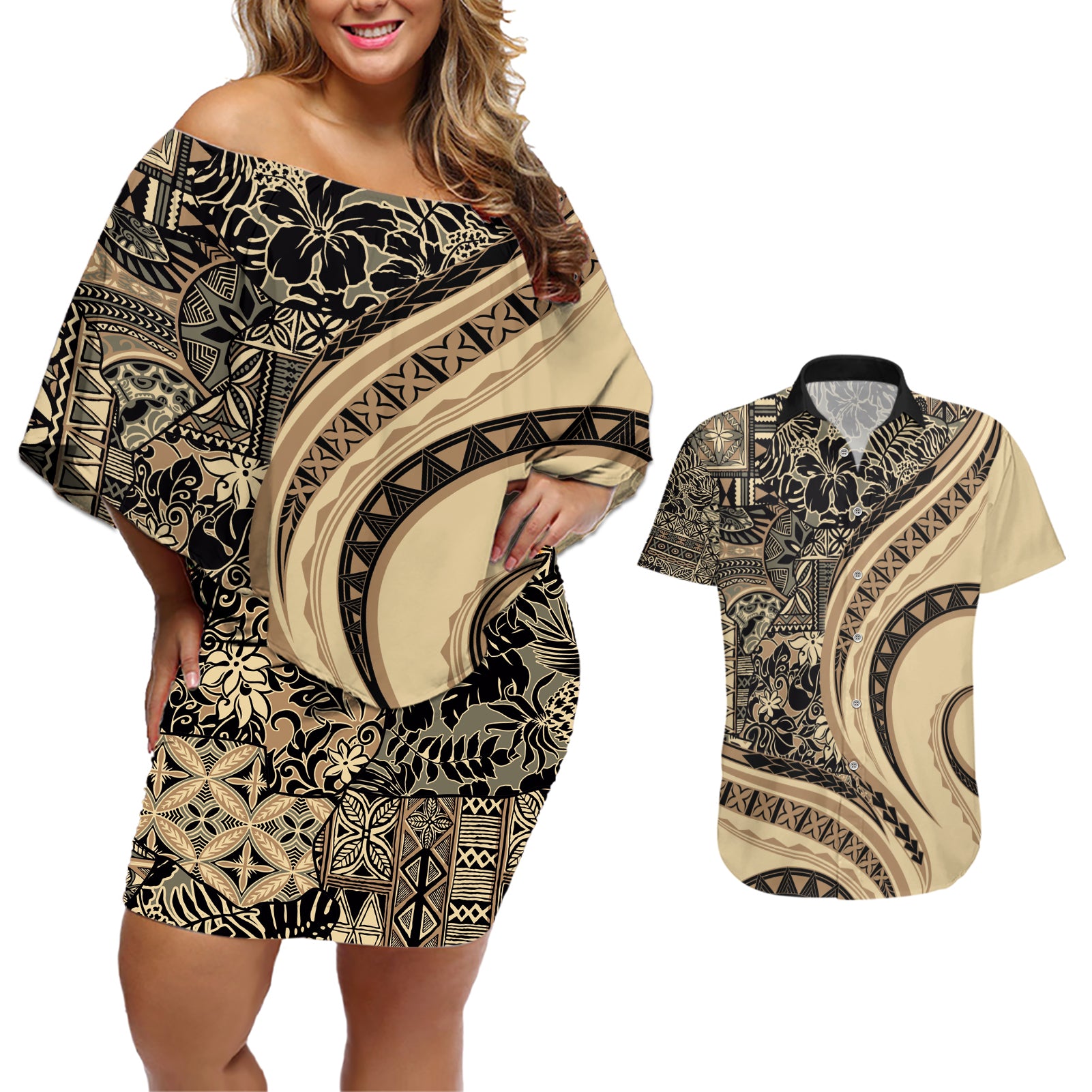 Hawaiian Hibiscus Tribal Vintage Motif Couples Matching Off Shoulder Short Dress and Hawaiian Shirt Ver 2