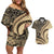 Hawaiian Hibiscus Tribal Vintage Motif Couples Matching Off Shoulder Short Dress and Hawaiian Shirt Ver 2