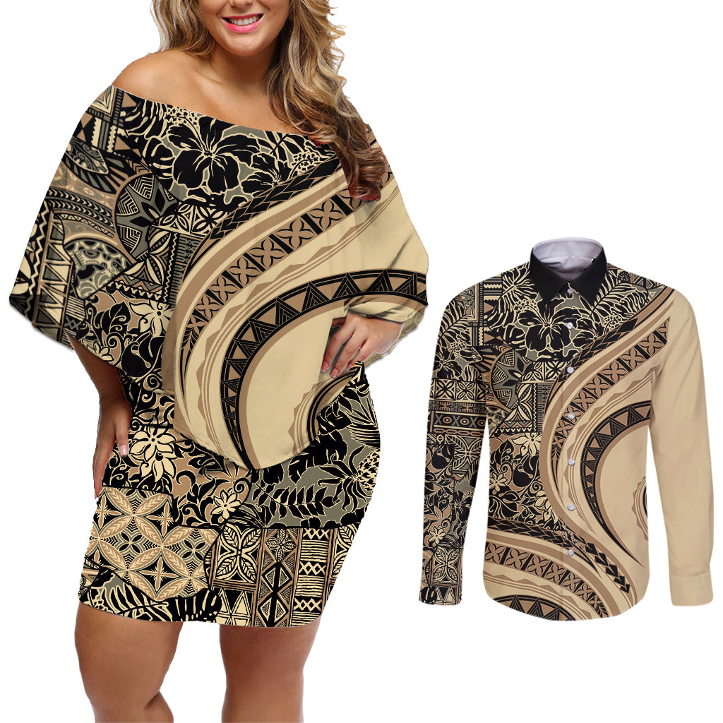 Hawaiian Hibiscus Tribal Vintage Motif Couples Matching Off Shoulder Short Dress and Long Sleeve Button Shirt Ver 2