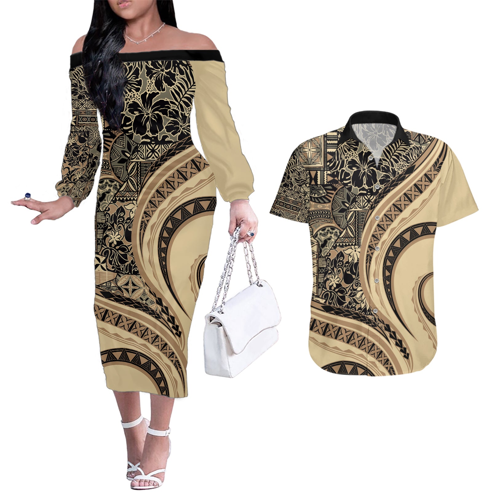 Hawaiian Hibiscus Tribal Vintage Motif Couples Matching Off The Shoulder Long Sleeve Dress and Hawaiian Shirt Ver 2