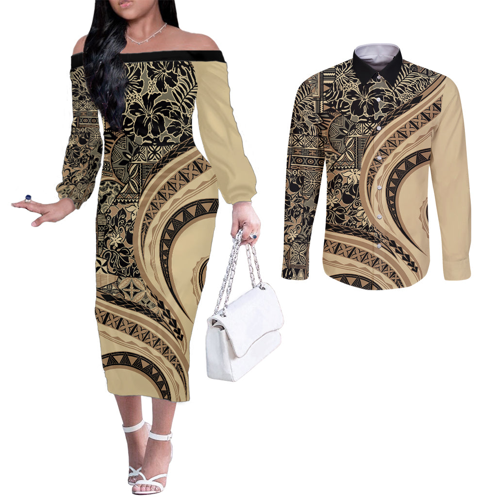 Hawaiian Hibiscus Tribal Vintage Motif Couples Matching Off The Shoulder Long Sleeve Dress and Long Sleeve Button Shirt Ver 2