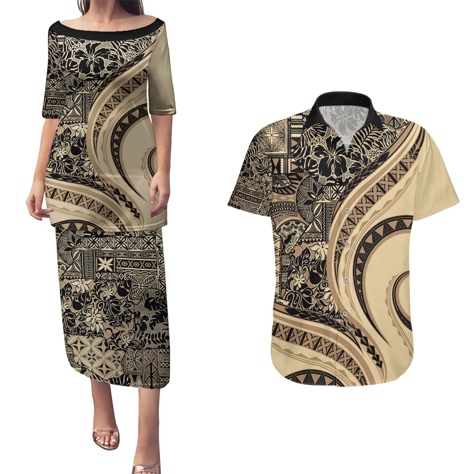 Hawaiian Hibiscus Tribal Vintage Motif Couples Matching Puletasi and Hawaiian Shirt Ver 2