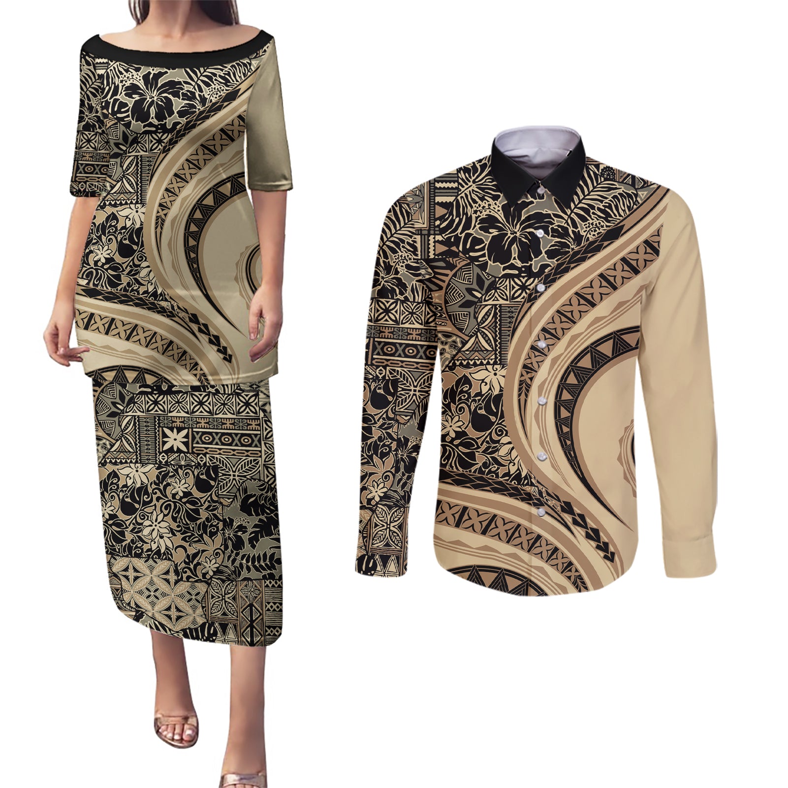 Hawaiian Hibiscus Tribal Vintage Motif Couples Matching Puletasi and Long Sleeve Button Shirt Ver 2