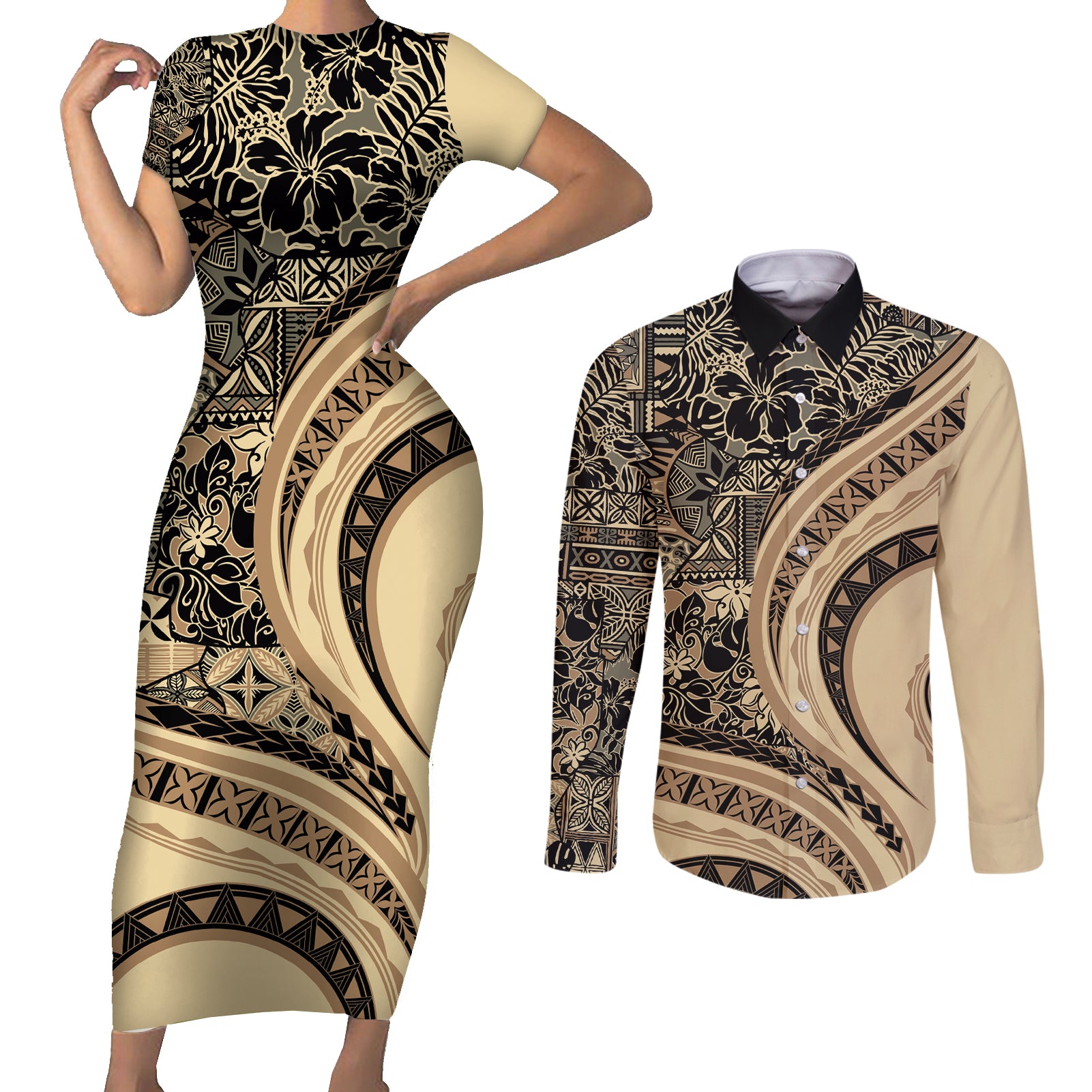 Hawaiian Hibiscus Tribal Vintage Motif Couples Matching Short Sleeve Bodycon Dress and Long Sleeve Button Shirt Ver 2