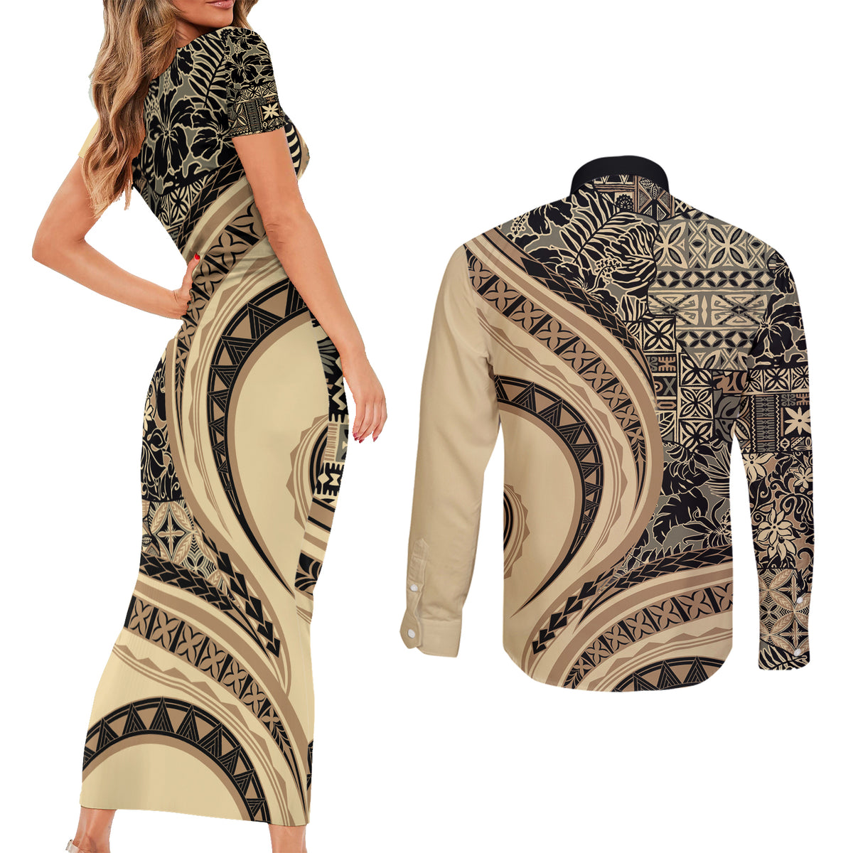 Hawaiian Hibiscus Tribal Vintage Motif Couples Matching Short Sleeve Bodycon Dress and Long Sleeve Button Shirt Ver 2 LT9 - Polynesian Pride