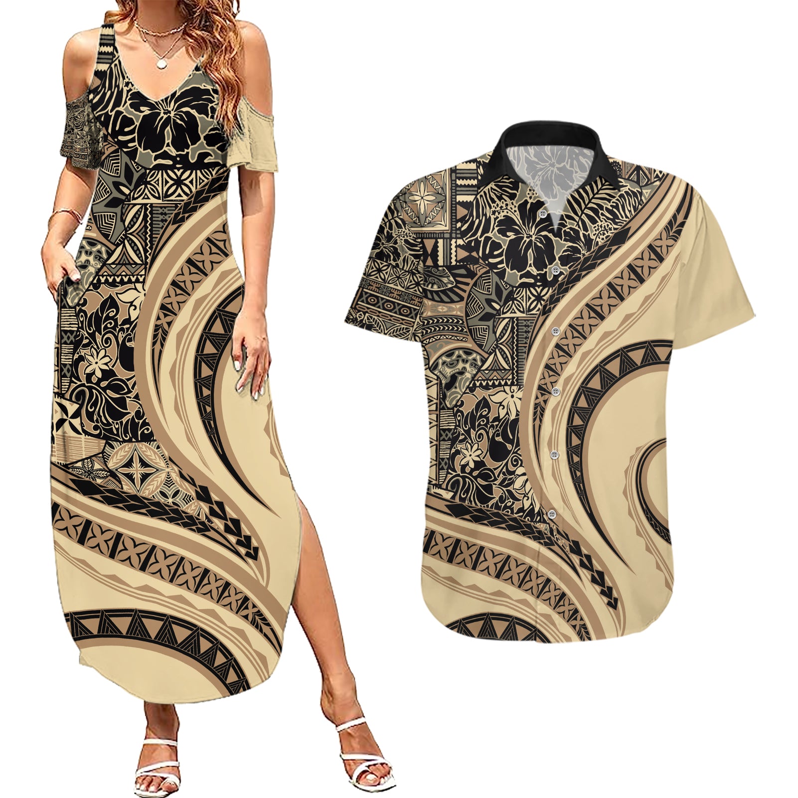 Hawaiian Hibiscus Tribal Vintage Motif Couples Matching Summer Maxi Dress and Hawaiian Shirt Ver 2