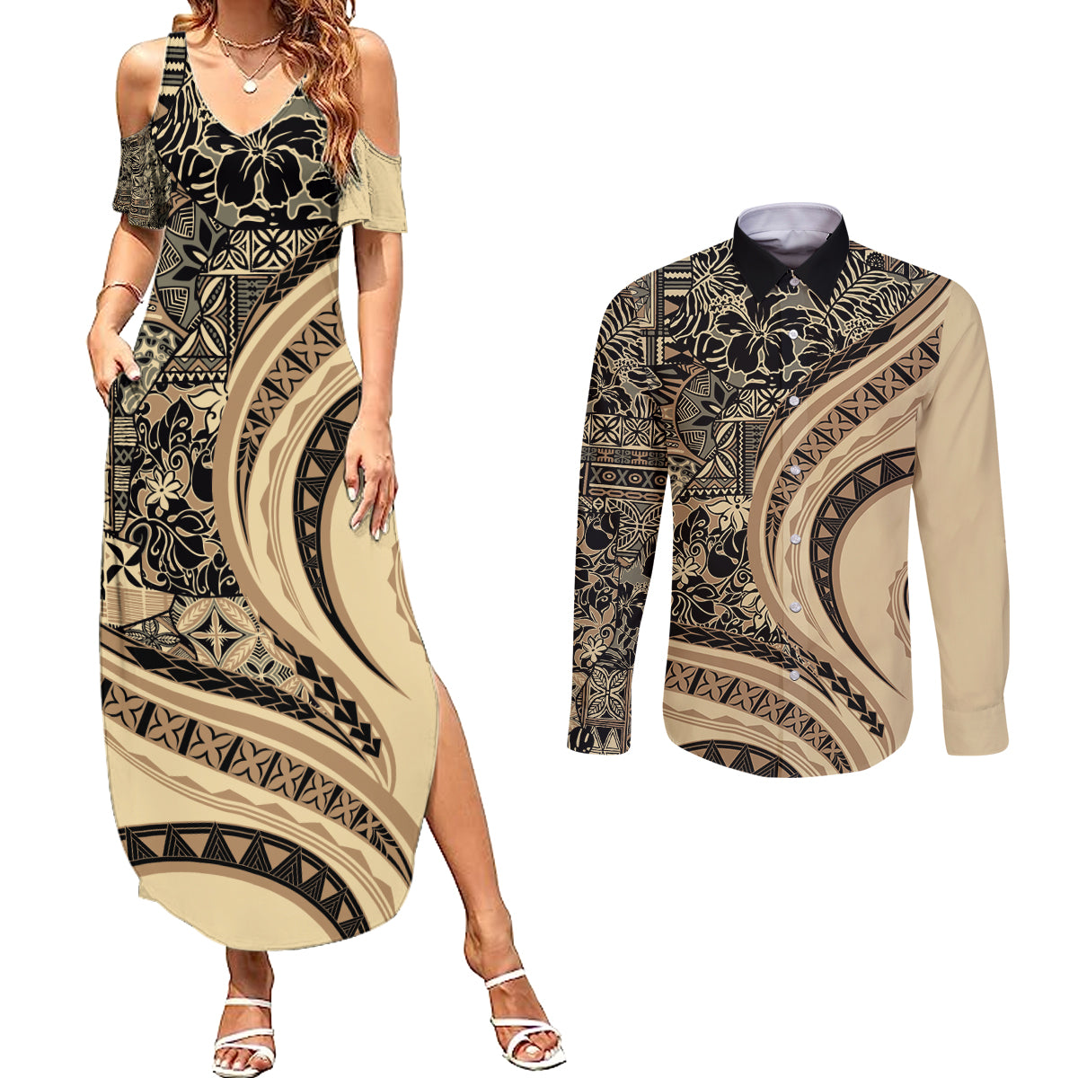 Hawaiian Hibiscus Tribal Vintage Motif Couples Matching Summer Maxi Dress and Long Sleeve Button Shirt Ver 2