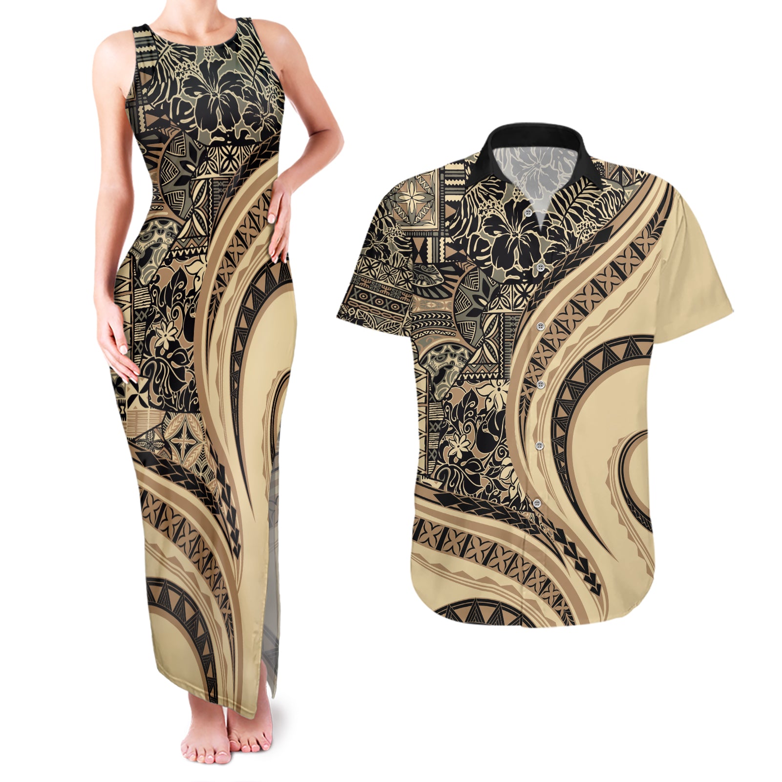 Hawaiian Hibiscus Tribal Vintage Motif Couples Matching Tank Maxi Dress and Hawaiian Shirt Ver 2