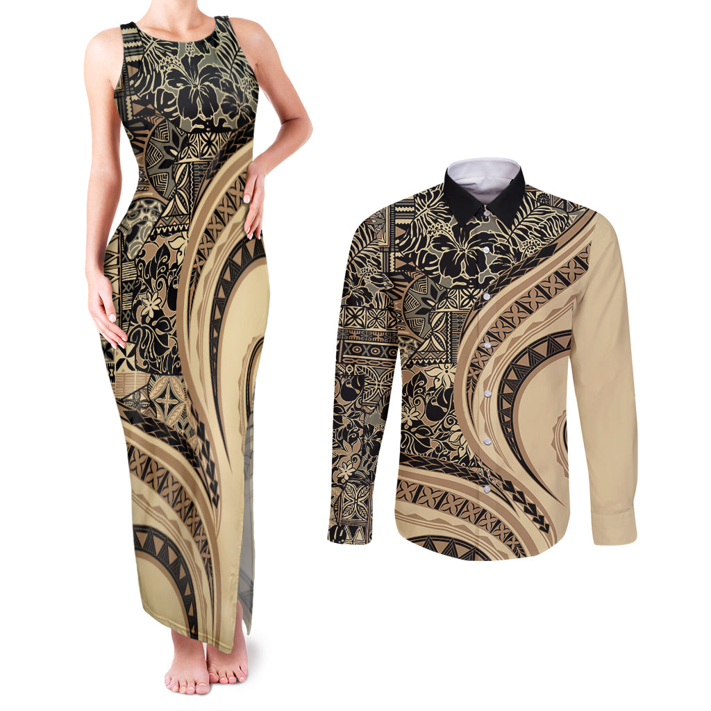 Hawaiian Hibiscus Tribal Vintage Motif Couples Matching Tank Maxi Dress and Long Sleeve Button Shirt Ver 2